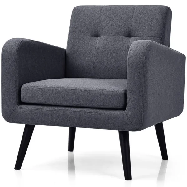 Chaise d'Appoint Rembourrée Du Milieu Du Siècle Pieds en Bois d'Hévéa Fauteuil Confortable Canapé en Tissu de Lin Gris