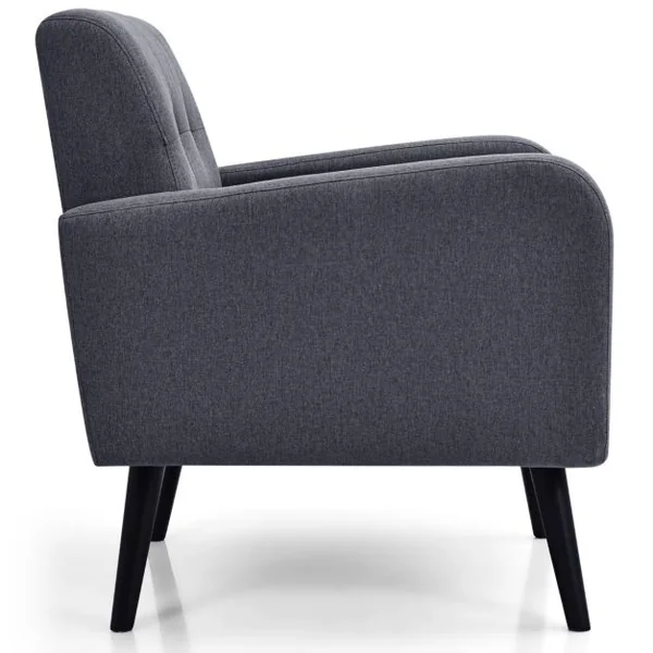 Chaise d'Appoint Rembourrée Du Milieu Du Siècle Pieds en Bois d'Hévéa Fauteuil Confortable Canapé en Tissu de Lin Gris