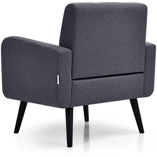 Chaise d'Appoint Rembourrée Du Milieu Du Siècle Pieds en Bois d'Hévéa Fauteuil Confortable Canapé en Tissu de Lin Gris