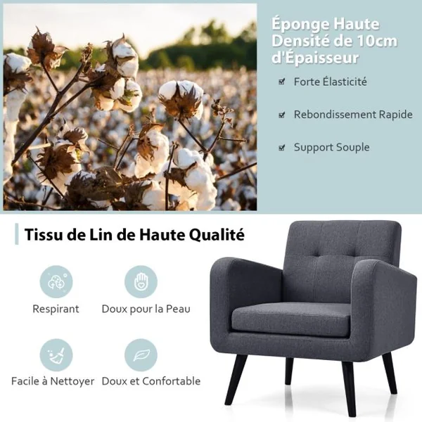Chaise d'Appoint Rembourrée Du Milieu Du Siècle Pieds en Bois d'Hévéa Fauteuil Confortable Canapé en Tissu de Lin Gris