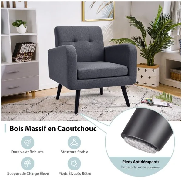 Chaise d'Appoint Rembourrée Du Milieu Du Siècle Pieds en Bois d'Hévéa Fauteuil Confortable Canapé en Tissu de Lin Gris
