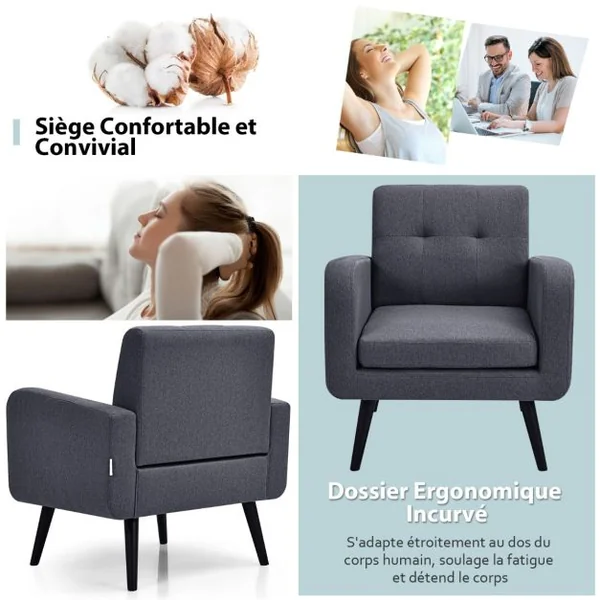 Chaise d'Appoint Rembourrée Du Milieu Du Siècle Pieds en Bois d'Hévéa Fauteuil Confortable Canapé en Tissu de Lin Gris