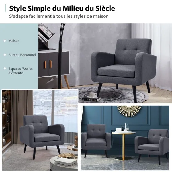 Chaise d'Appoint Rembourrée Du Milieu Du Siècle Pieds en Bois d'Hévéa Fauteuil Confortable Canapé en Tissu de Lin Gris