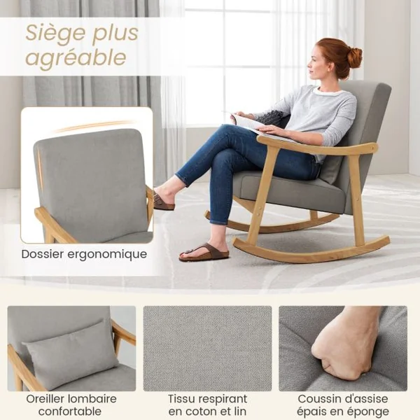 Chaise d'Appoint à Bascule Fauteuil avec Accoudoirs en Bois d'Hévéa Dossier Large Rembourré Coussin de Siège Rembourré Oreiller Lombaire Café