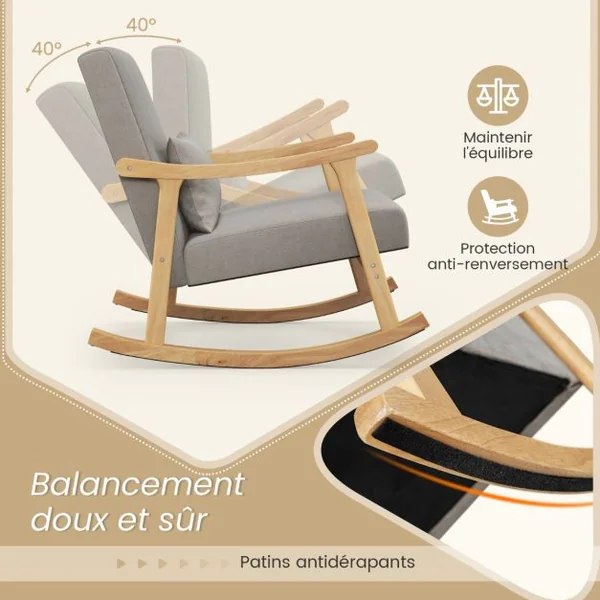 Chaise d'Appoint à Bascule Fauteuil avec Accoudoirs en Bois d'Hévéa Dossier Large Rembourré Coussin de Siège Rembourré Oreiller Lombaire Café