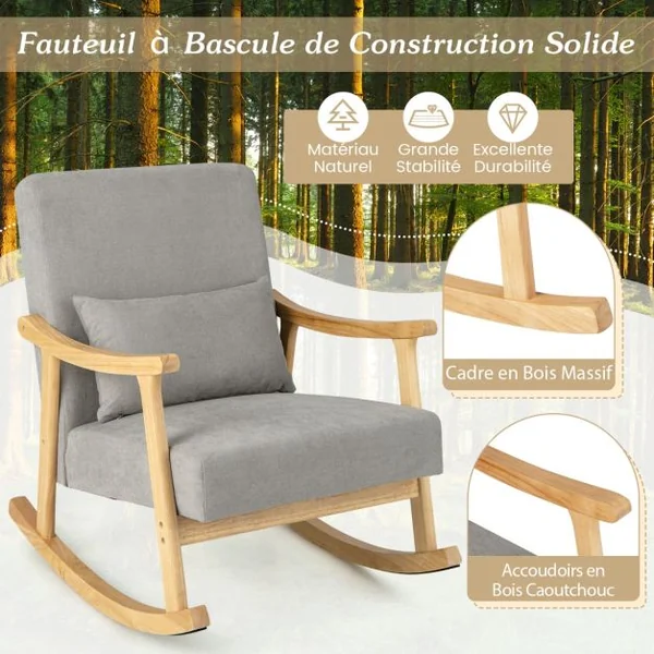 Chaise d'Appoint à Bascule Fauteuil avec Accoudoirs en Bois d'Hévéa Dossier Large Rembourré Coussin de Siège Rembourré Oreiller Lombaire Café