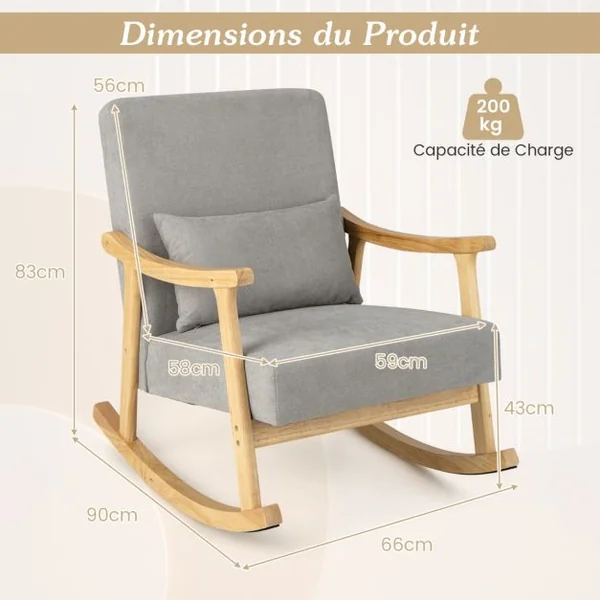 Chaise d'Appoint à Bascule Fauteuil avec Accoudoirs en Bois d'Hévéa Dossier Large Rembourré Coussin de Siège Rembourré Oreiller Lombaire Café
