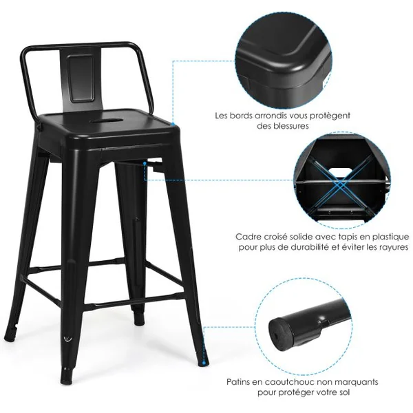 Chaise de Bar en Métal Empilable Dossier du Tabouret Amovible de Style Industriel Pieds en Caoutchouc Antidérapants Noir/Noir Mat