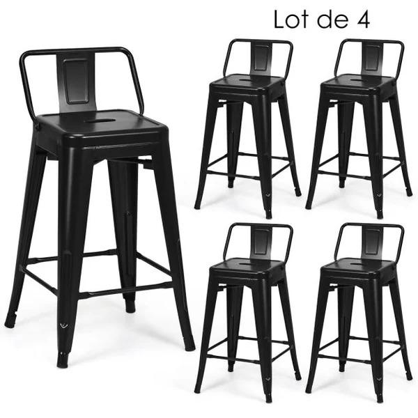 Chaise de Bar en Métal Empilable Dossier du Tabouret Amovible de Style Industriel Pieds en Caoutchouc Antidérapants Noir/Noir Mat