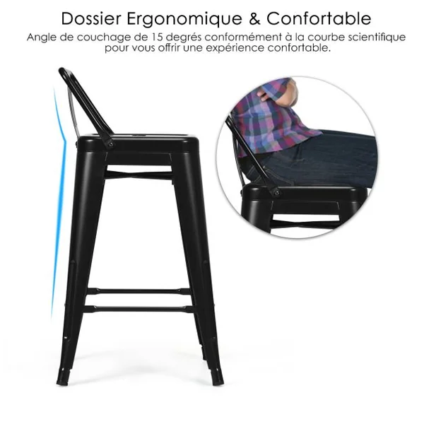 Chaise de Bar en Métal Empilable Dossier du Tabouret Amovible de Style Industriel Pieds en Caoutchouc Antidérapants Noir/Noir Mat