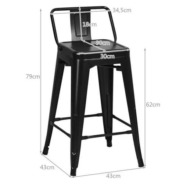 Chaise de Bar en Métal Empilable Dossier du Tabouret Amovible de Style Industriel Pieds en Caoutchouc Antidérapants Noir/Noir Mat