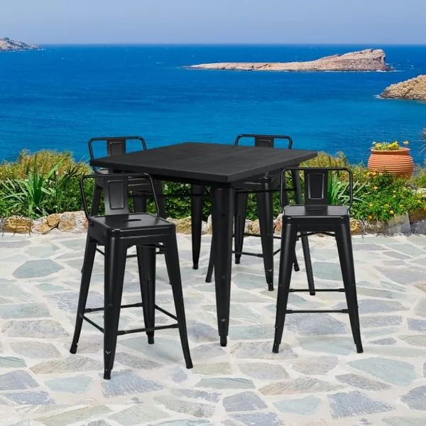 Chaise de Bar en Métal Empilable Dossier du Tabouret Amovible de Style Industriel Pieds en Caoutchouc Antidérapants Noir/Noir Mat