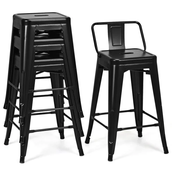 Chaise de Bar en Métal Empilable Dossier du Tabouret Amovible de Style Industriel Pieds en Caoutchouc Antidérapants Noir/Noir Mat