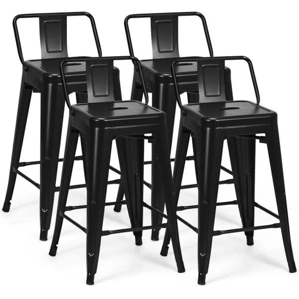 Chaise de Bar en Métal Empilable Dossier du Tabouret Amovible de Style Industriel Pieds en Caoutchouc Antidérapants Noir/Noir Mat