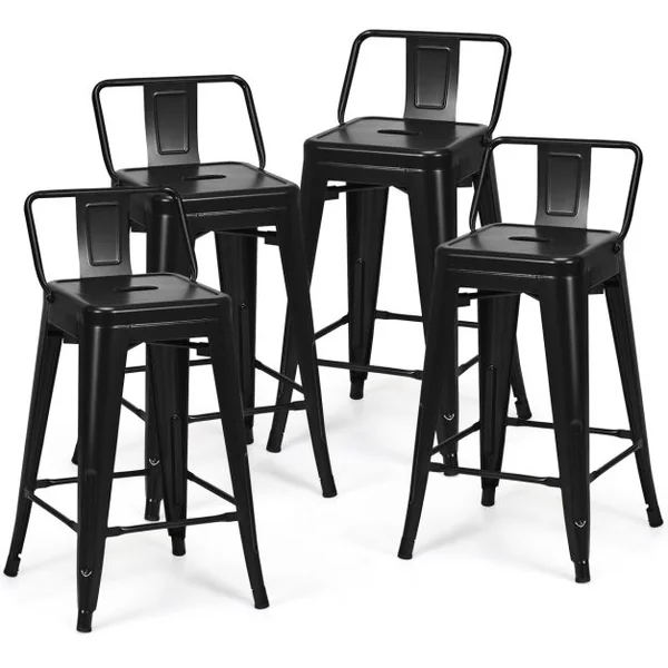 Chaise de Bar en Métal Empilable Dossier du Tabouret Amovible de Style Industriel Pieds en Caoutchouc Antidérapants Noir/Noir Mat