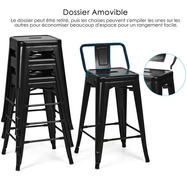 Chaise de Bar en Métal Empilable Dossier du Tabouret Amovible de Style Industriel Pieds en Caoutchouc Antidérapants Noir/Noir Mat
