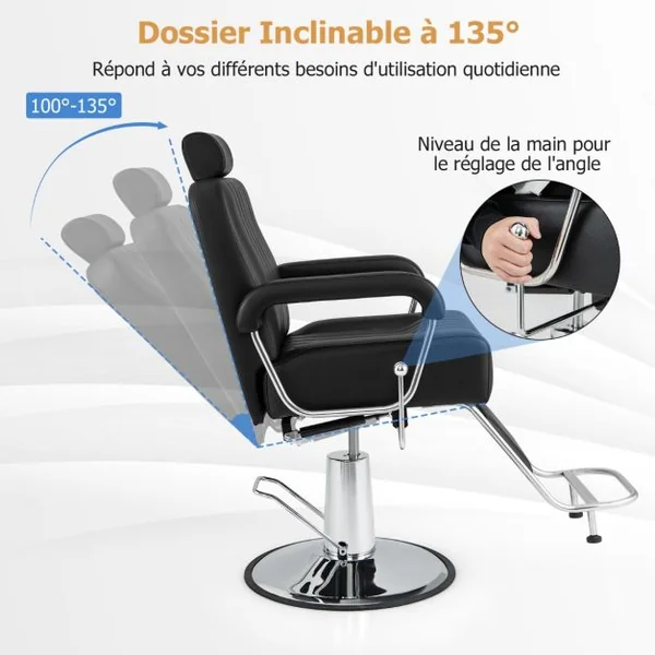 Chaise de Barbier Hydraulique Chaise de Salon de Coiffure Rotative à 360° Hauteur et Appui-tête Réglables Chaise de Tatouage avec Accoudoirs Noir
