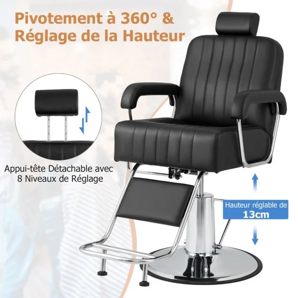 Chaise de Barbier Hydraulique Chaise de Salon de Coiffure Rotative à 360° Hauteur et Appui-tête Réglables Chaise de Tatouage avec Accoudoirs Noir