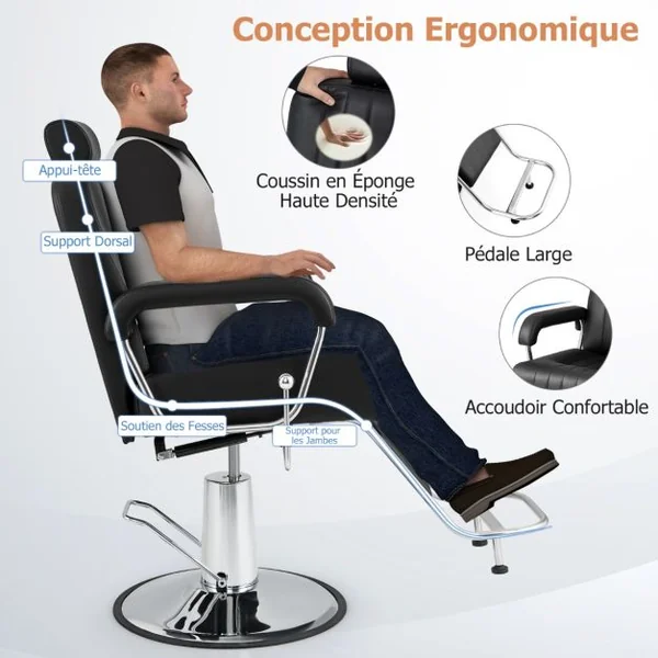 Chaise de Barbier Hydraulique Chaise de Salon de Coiffure Rotative à 360° Hauteur et Appui-tête Réglables Chaise de Tatouage avec Accoudoirs Noir