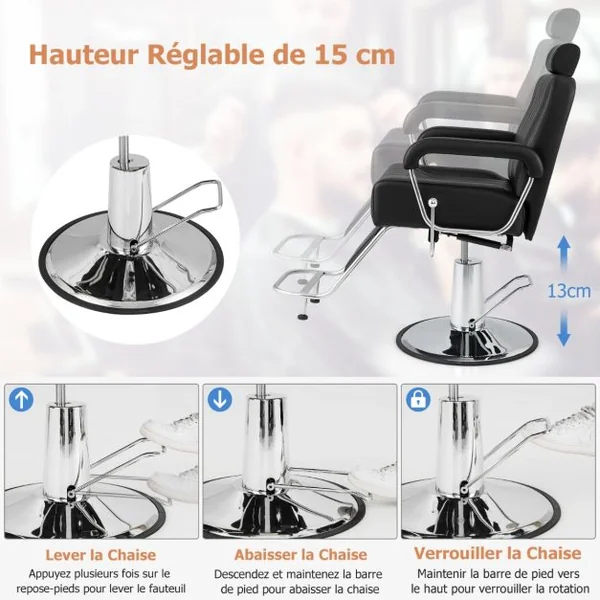 Chaise de Barbier Hydraulique Chaise de Salon de Coiffure Rotative à 360° Hauteur et Appui-tête Réglables Chaise de Tatouage avec Accoudoirs Noir