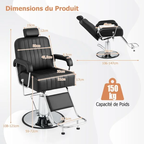 Chaise de Barbier Hydraulique Chaise de Salon de Coiffure Rotative à 360° Hauteur et Appui-tête Réglables Chaise de Tatouage avec Accoudoirs Noir