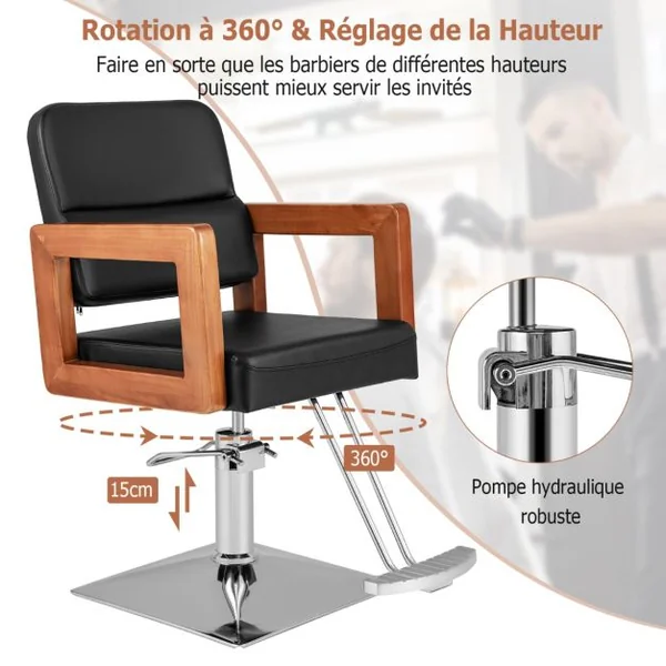 Chaise de Barbier Hydraulique Chaise de Salon de Coiffure Rotative à 360° Hauteur Réglable de 50-65 cm Chaise de Tatouage Charge 250kg Noir