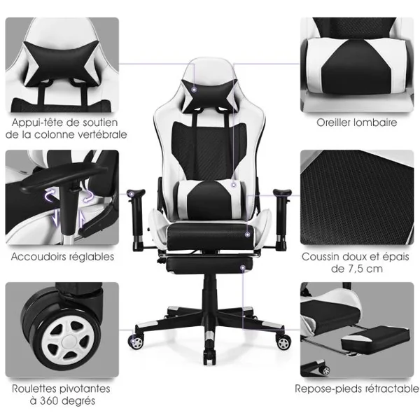 Chaise de Bureau avec Dossier Haut Repose-pieds et Accoudoirs Réglables Chaise de Gaming Ergonomique Rouge