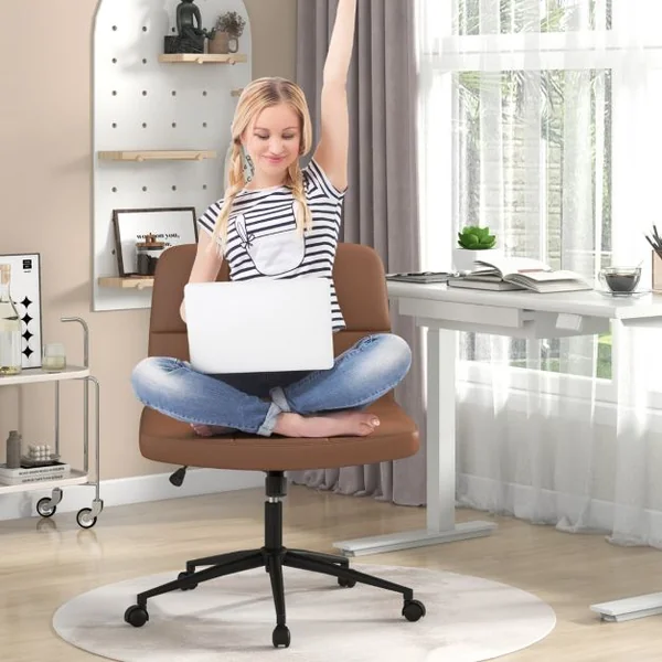 Chaise de Bureau avec Roulettes Chaise Rembourrée en Cuir PU avec Siège Surdimensionné en Forme de ‘U ’Réglable en Hauteur Beige/Marron