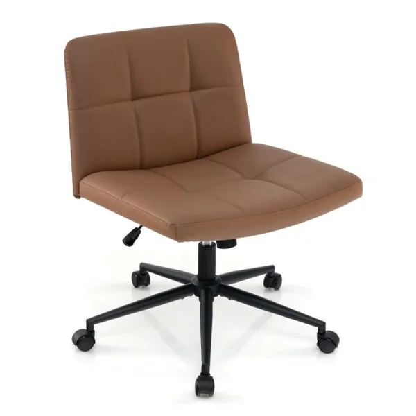 Chaise de Bureau avec Roulettes Chaise Rembourrée en Cuir PU avec Siège Surdimensionné en Forme de ‘U ’Réglable en Hauteur Beige/Marron