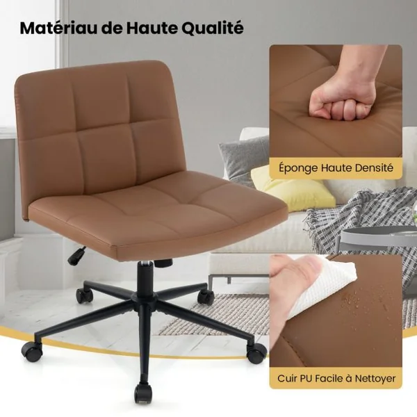 Chaise de Bureau avec Roulettes Chaise Rembourrée en Cuir PU avec Siège Surdimensionné en Forme de ‘U ’Réglable en Hauteur Beige/Marron