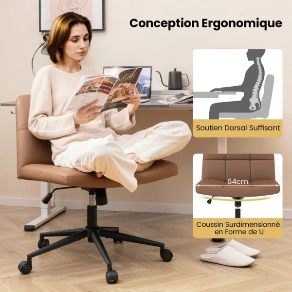 Chaise de Bureau avec Roulettes Chaise Rembourrée en Cuir PU avec Siège Surdimensionné en Forme de ‘U ’Réglable en Hauteur Beige/Marron