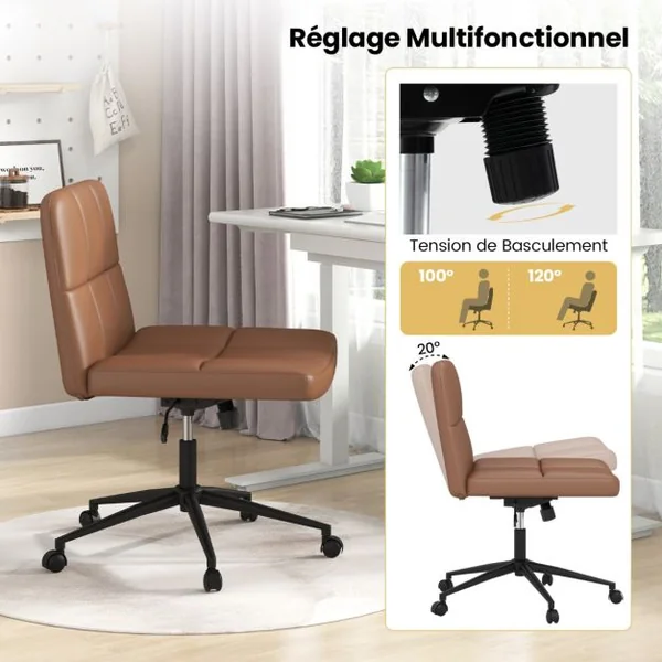 Chaise de Bureau avec Roulettes Chaise Rembourrée en Cuir PU avec Siège Surdimensionné en Forme de ‘U ’Réglable en Hauteur Beige/Marron