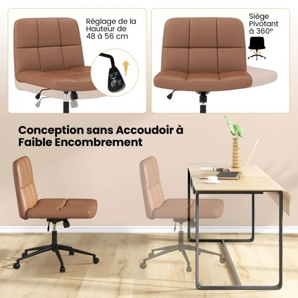 Chaise de Bureau avec Roulettes Chaise Rembourrée en Cuir PU avec Siège Surdimensionné en Forme de ‘U ’Réglable en Hauteur Beige/Marron