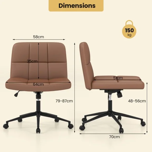 Chaise de Bureau avec Roulettes Chaise Rembourrée en Cuir PU avec Siège Surdimensionné en Forme de ‘U ’Réglable en Hauteur Beige/Marron