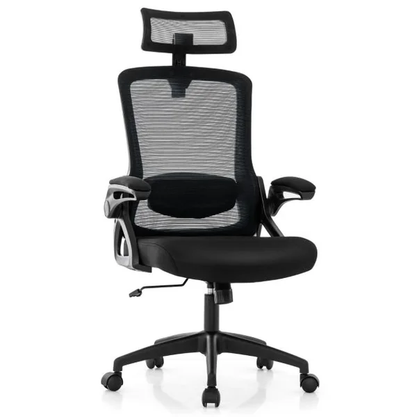 Chaise de Bureau avec Soutien Lombaire Ajustable Dossier Basculant en Maille et Appuie-Tête Ajustable et Accoudoirs Relevables Noir