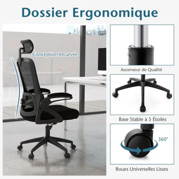 Chaise de Bureau avec Soutien Lombaire Ajustable Dossier Basculant en Maille et Appuie-Tête Ajustable et Accoudoirs Relevables Noir