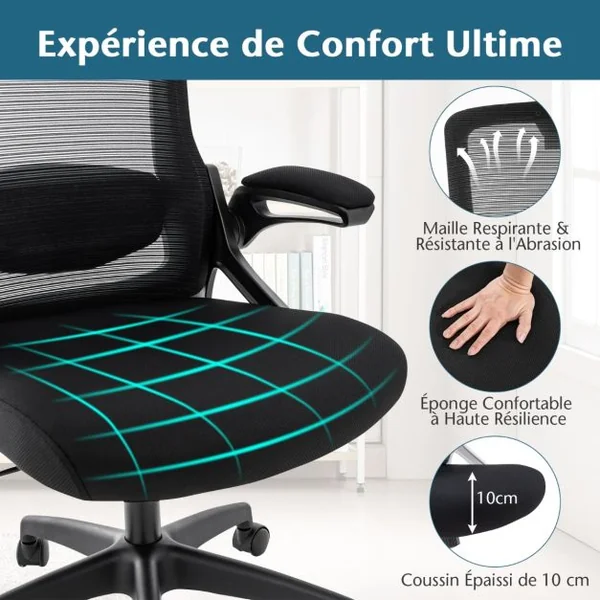 Chaise de Bureau avec Soutien Lombaire Ajustable Dossier Basculant en Maille et Appuie-Tête Ajustable et Accoudoirs Relevables Noir