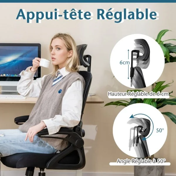 Chaise de Bureau avec Soutien Lombaire Ajustable Dossier Basculant en Maille et Appuie-Tête Ajustable et Accoudoirs Relevables Noir