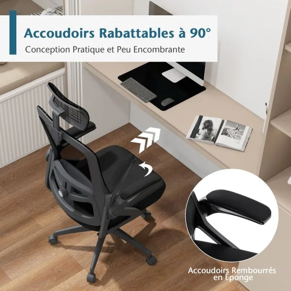 Chaise de Bureau avec Soutien Lombaire Ajustable Dossier Basculant en Maille et Appuie-Tête Ajustable et Accoudoirs Relevables Noir