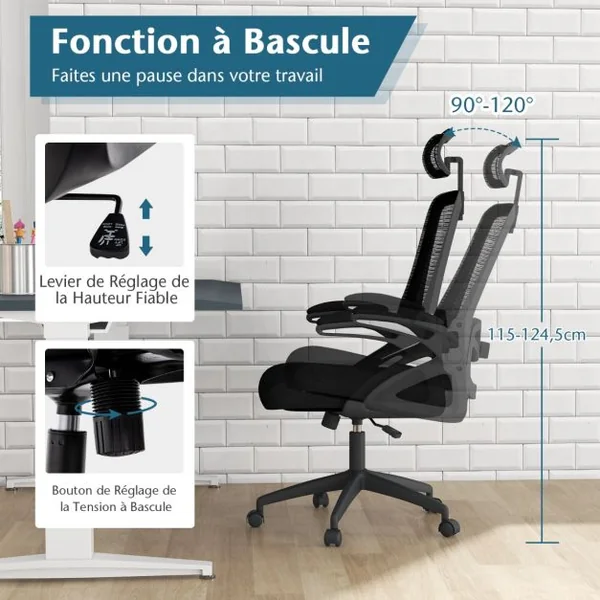 Chaise de Bureau avec Soutien Lombaire Ajustable Dossier Basculant en Maille et Appuie-Tête Ajustable et Accoudoirs Relevables Noir