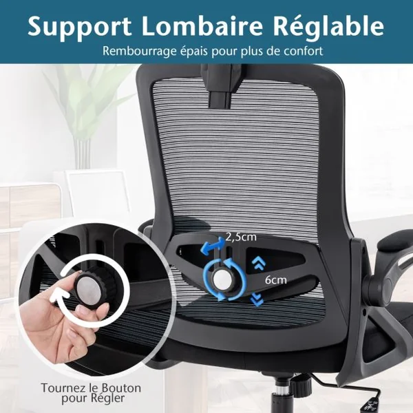 Chaise de Bureau avec Soutien Lombaire Ajustable Dossier Basculant en Maille et Appuie-Tête Ajustable et Accoudoirs Relevables Noir