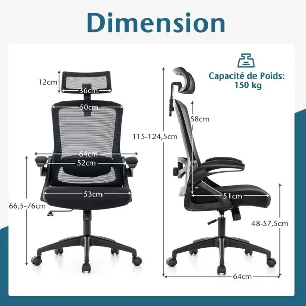Chaise de Bureau avec Soutien Lombaire Ajustable Dossier Basculant en Maille et Appuie-Tête Ajustable et Accoudoirs Relevables Noir