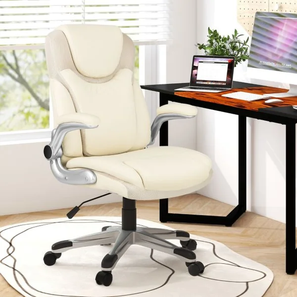 Chaise de Bureau de Direction en Cuir Pu à Bascule Hauteur Réglable Chaise de Travail Ergonomique avec Accoudoirs Rabattables Pivotante à 360° Blanc
