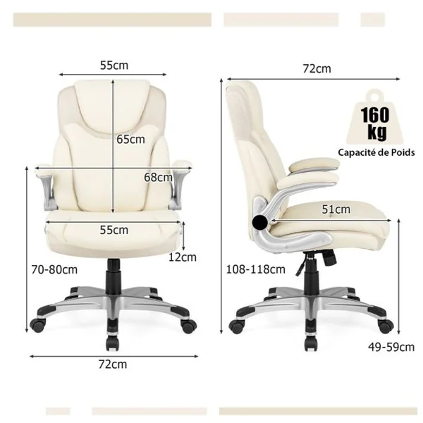 Chaise de Bureau de Direction en Cuir Pu à Bascule Hauteur Réglable Chaise de Travail Ergonomique avec Accoudoirs Rabattables Pivotante à 360° Blanc