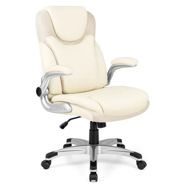 Chaise de Bureau de Direction en Cuir Pu à Bascule Hauteur Réglable Chaise de Travail Ergonomique avec Accoudoirs Rabattables Pivotante à 360° Blanc