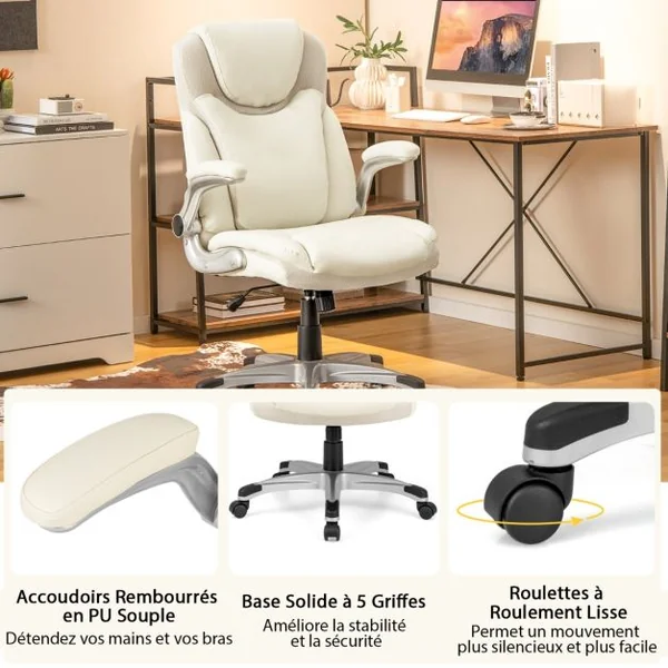 Chaise de Bureau de Direction en Cuir Pu à Bascule Hauteur Réglable Chaise de Travail Ergonomique avec Accoudoirs Rabattables Pivotante à 360° Blanc