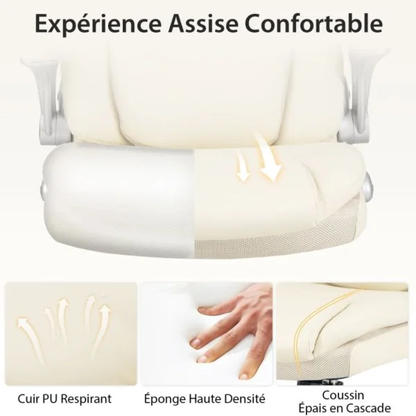 Chaise de Bureau de Direction en Cuir Pu à Bascule Hauteur Réglable Chaise de Travail Ergonomique avec Accoudoirs Rabattables Pivotante à 360° Blanc