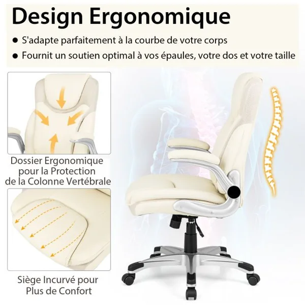 Chaise de Bureau de Direction en Cuir Pu à Bascule Hauteur Réglable Chaise de Travail Ergonomique avec Accoudoirs Rabattables Pivotante à 360° Blanc