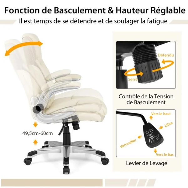 Chaise de Bureau de Direction en Cuir Pu à Bascule Hauteur Réglable Chaise de Travail Ergonomique avec Accoudoirs Rabattables Pivotante à 360° Blanc