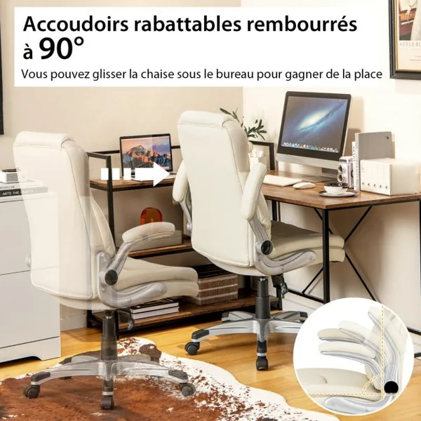 Chaise de Bureau de Direction en Cuir Pu à Bascule Hauteur Réglable Chaise de Travail Ergonomique avec Accoudoirs Rabattables Pivotante à 360° Blanc